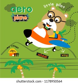 airplane and little pilot funny animal cartoon,vector illustration