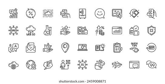 Airplane, Loan percent and Like photo line icons pack. AI, Question and Answer, Map pin icons. Organic product, Approved mail, Chemistry lab web icon. Vector