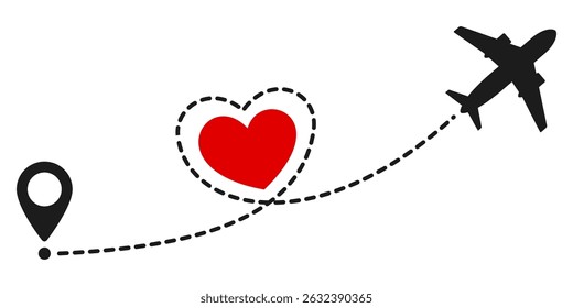Airplane and location marker with a winding line in heart form, travel concept