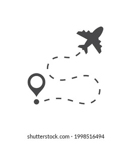 Airplane and location pin black vector icon. Flight route symbol.
