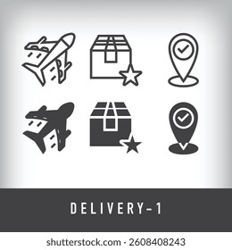 Airplane, location and star cargo. Simple linear and flat delivery icon set.