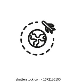Airplane logistics thin line icon. Globe, plane, around world flight isolated outline sign. Travel, trip, vacation concept. Vector illustration symbol element for web design and apps