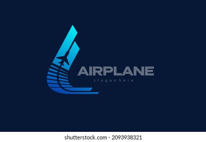 Airplane logo blue lines flight up. Logotype plane stripes curves