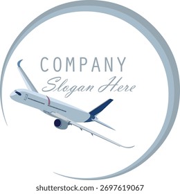 Airplane logo with a blue sky circle with the company name above the plane, in the center of the circle