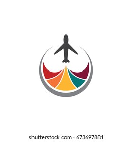 Airplane Logo In Circle Shape With Colorful Smoke. Travel And Flight Logo Template