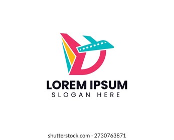 Airplane logo design featuring letter D vector template for airline and tourism company branding