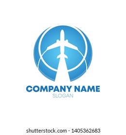 airplane logo design with airplane fly on the sky in circle shape which means connection and world wide. Using for air line company or travel company or air transportation. (logo , icon  and symbol)