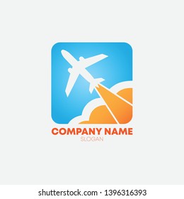 airplane logo design with airplane fly from the orange sky to the target. Using for air line company or travel company or air transportation. (logo , icon  and symbol)