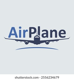Airplane logo design. Vector illustration of a flying airplane with text.