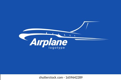 Airplane logo flight plane silhouette white color blue background