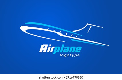 Flugzeug-Logo-Flugzeug Silhouette weißer, blauer Hintergrund