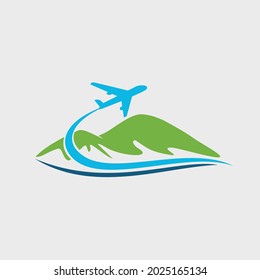 airplane logo flying over hills and seas