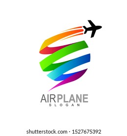 Airplane logo with globe and colorful design vector