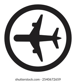 Airplane logo icon vector. Image of the Airplane Symbol on a black and white circle background.