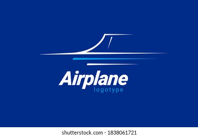 Airplane logo lines silhouette white color blue background