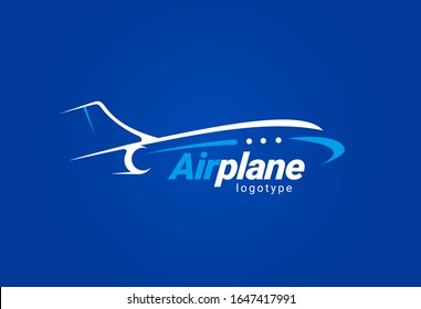 Airplane logo lines style plane silhouette white color blue background