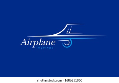 Airplane logo lines style plane silhouette white color blue background