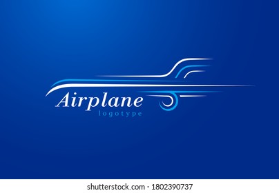 Airplane logo lines style plane silhouette white color blue background