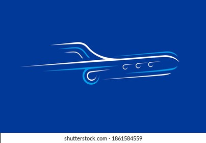 Airplane logo lines style plane silhouette white color blue background