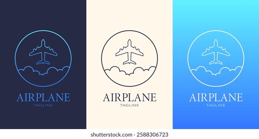 Airplane logo with modern gradient background, jet silhouette above clouds. Multiple variations.