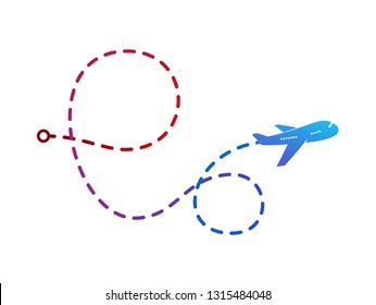 Airplane logo on color vector illustration of flight route. Isolated plane leaves behind a colorful curved line on a white background