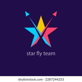 Logo del avión subiendo por la estrella. Transiciones de color únicas. Plantilla de logotipo de estrella creativa y competencia. vector
