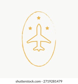 Logotipo de avión con estrellas, con un diseño de avión simple. Avión y estrellas crean un tema clásico de la aviación. Símbolo de avión en un marco circular. Pegatinas de viaje y Vector de ilustración de insignia.