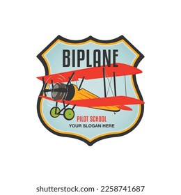 Airplane logo template with retro biplane. Plane badge graphics for tshirt, sticker. Flight brand identity. Stock vector label isolated on white background