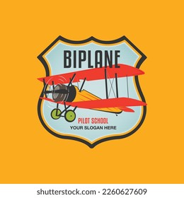 Airplane logo template with retro biplane. Plane badge graphics for tshirt, sticker. Flight brand identity. Stock vector label