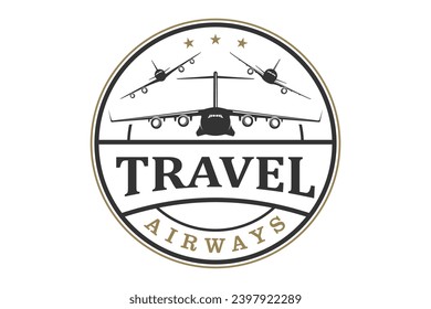 Airplane logo with travel emblem logo style, rounded shape.