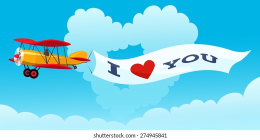 Airplane with love message against heart shaped cloud and blue sky. Only free font used.