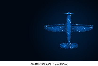 Airplane low poly design, aircraft wireframe mesh polygonal vector illustration made from points and lines on dark blue background