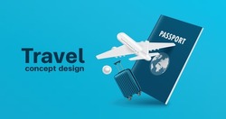 Airplane And Luggage Or Baggage Floated In Front Of The Passport For Air Transport Media And Tourism During High Season, Vector 3d Isolated On Blue Background For Travel Transport Advertising Design