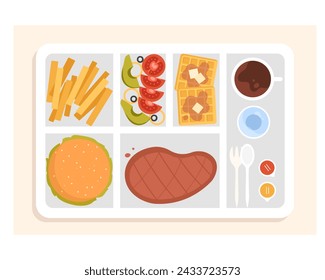 Airplane lunch tray. Cabin crew food service, dinner on the plane cartoon vector illustration