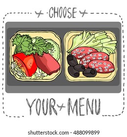 Airplane lunch - vector illustration. Choose your menu.