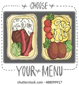 Airplane lunch - vector illustration. Choose your menu.