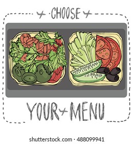 Airplane lunch - vector illustration. Choose your menu.