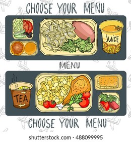 Airplane lunch - vector illustration. Choose your menu.