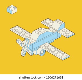 Airplane made by blocks. Toy building block, bricks for children. Vector isometric illustration. Colored bricks isolated on background.