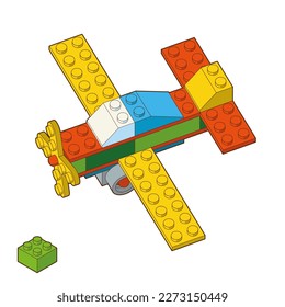 Airplane made by blocks. Toy building block, bricks for children. Vector isometric illustration. Colored lego bricks isolated on background.