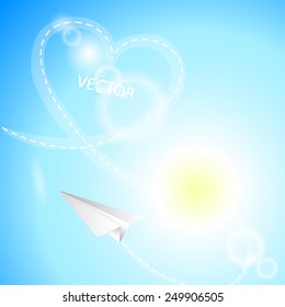 Airplane made of white paper, heart and sun on the sky background. Vector illustration.