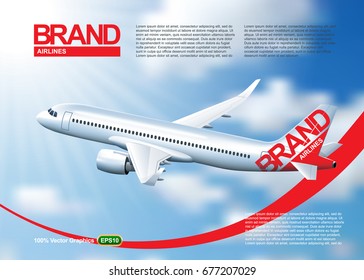 Airplane magazine or poster template, flying in a beautiful blue sky. Realistic 3D vector image.