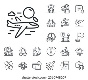 Airplane with magnifying glass sign. Plane jet, travel map and baggage claim outline icons. Search flight line icon. Find airport flights symbol. Search flight line sign. Vector