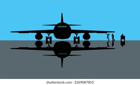 Airplane maintenance is the focus of this image where a plane in a hanger is being serviced. This is a vector illustration.