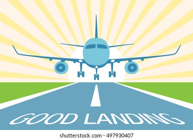 Airplane make good landing. Symbol excellent approach to runway. On sunrise (sunset) background. Flat style. Vector illustration.