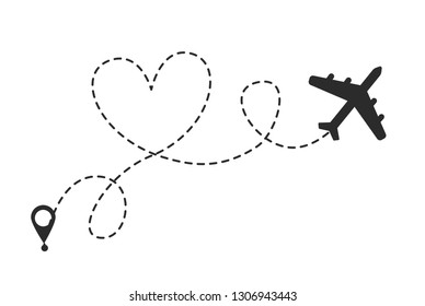 Airplane makes heart in the sky. Valentine day symbol. Romantic route. Hearted airplane path drawing.  Vector illustration