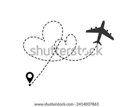 Airplane making hearts in the sky. Valentine day sign Romantic route. Hearted airplane path drawing. Vector illustration
