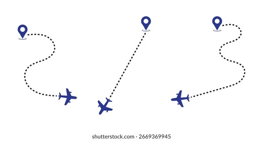 Airplane map icon with flight route path, perfect for travel, aviation, navigation apps, booking platforms, logistics, tourism ads, and global journey designs. Clean, modern, vector illustration. 