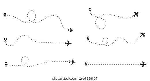 Vetor do ícone do mapa do avião mostrando a trajetória de voo e a rota de viagem. Perfeito para o turismo, navegação, aviação, reserva de aplicativos, logística e projetos de viagem global. Limpo, moderno e editável. 