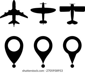 avião e conjunto de ícones de pinos de mapa, símbolos de vetor de silhueta de aviação de viagem